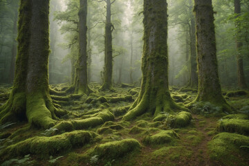 The green forest contains old trees whose trunks are covered in moss