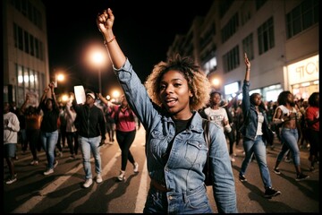 an African American protester in a protest with a group of protesters in a street calling for social justice - obrazy, fototapety, plakaty