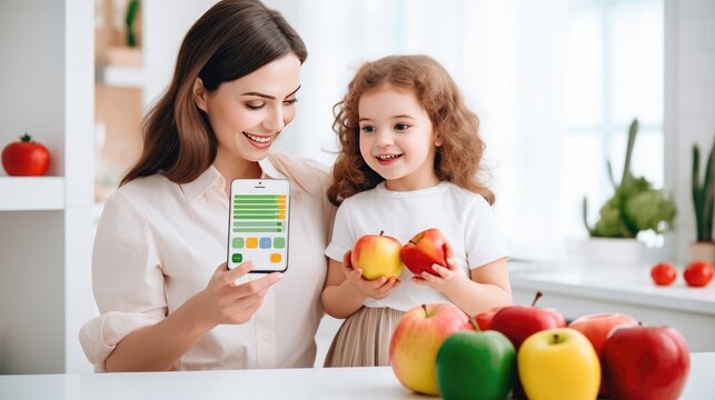 Nutrition and diet planning technology application for personalized meal plan, Mother and kid selecting food together, smart modern lifestyle