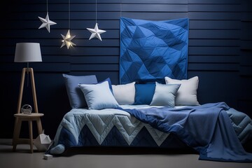 a modern and stylish bedroom with a wooden bed, gray dresser, and wooden shelf. The bed has blue bedding and pillows. The wall behind the bed is dark blue with white star decorations hanging from it.