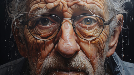 Oil Painting of an Old Man with Glasses and Wet Hair. Close-Up