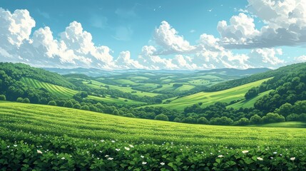 Fototapeta na wymiar Beautiful Sky Green Fields Retro Filtered, Background Banner HD