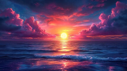 Fototapeta premium Beautiful Sunset Sunrise Over Blue Sea, Background Banner HD