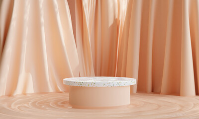 podium table with beige curtain in background for cosmetic product display, 3d illustration