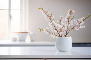 White Modern Kitchen Decorated for Spring. Minimalist Style