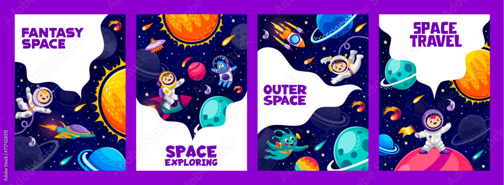 Poster cartoon space posters, vector cards with astronauts, ufo and aliens, spaceship and stars. flyers set