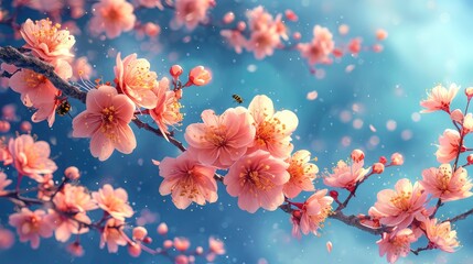 Fototapeta premium Bees On Flowering Tree Branch Against, Background Banner HD