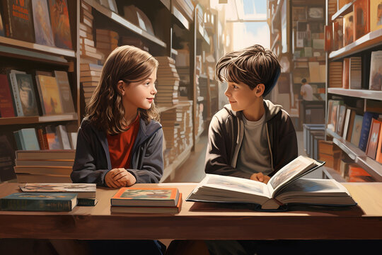 Two Children Reading in a Bookstore