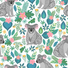 Naklejka premium Cute gray koalas with ornaments, tropical flowers and leaves. Seamless tropical pattern.