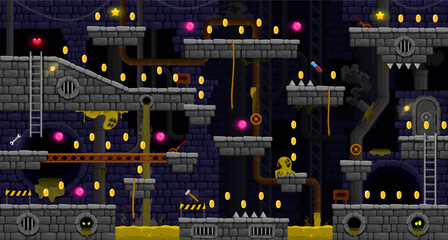 Dark arcade underground of sewage wastewater for game level map, vector interface. Stone platforms and coins, stairs and ghosts with gems and monster slimes on platforms for arcade game background © Vector Tradition