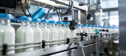 State of art machinery expertly filling milk into plastic bottles at dairy plant - obrazy, fototapety, plakaty