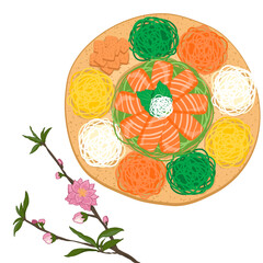 Isolated Yu Sheng, prosperity fish raw salad with chopsticks on a table top view. Isolated close up Yu Sheng vector illustration.New year plate with pink blossoms, Chinese New Year, salmon dish. 