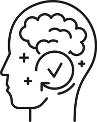 Clear your mind. Psychological disorder problem, mental health icon. Psychological disorder line symbol, mental health or human psychology problem vector icon with brain inside human head silhouette