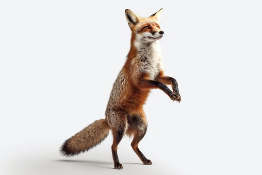 Red fox standing on hind legs on a white background, 3d render, side view