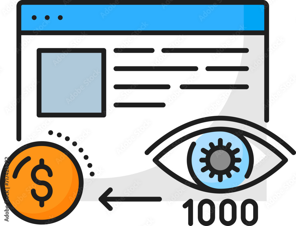 Poster cost per millenium icon, serp search engine result page and internet marketing vector pictogram. ad 
