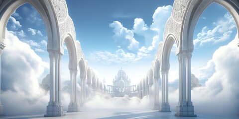 A building above the white clouds that is majestic and luxurious. generative ai