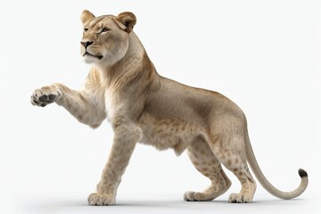 Side view of a lioness standing in front of a white background