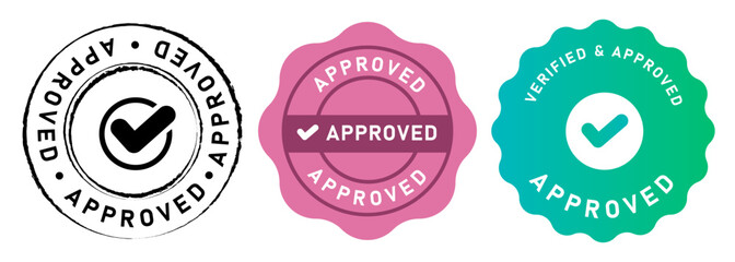 Approved stamp seal emblem logo badge graphic circle set approval check mark black purple and green