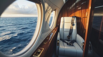 Lose yourself in the beauty of nature while traveling in style on this private jet. The detailed woodwork of the interior perfectly frames the endless expanse of the ocean outside.