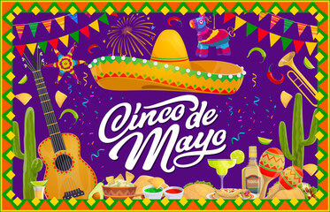 Mexican Cinco de Mayo holiday banner or flyer with sombrero, guitar, national cuisine and pinata, vector background. 5 may holiday, Mexico fiesta festival food, tequila, avocado with guitar or maracas