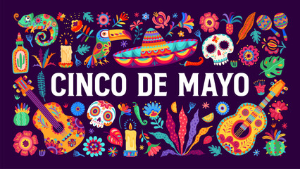 Colorful cinco de mayo mexican holiday banner with cartoon vector guitar, calavera skull, sombrero, toucan and chameleon, flowers and tequila. Greeting card for traditional celebratory event of mexico - obrazy, fototapety, plakaty