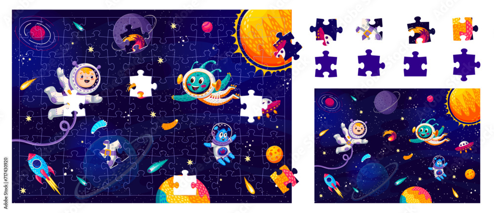 Aufkleber jigsaw puzzle game pieces. cartoon aliens and astronaut at starry outer space. form match quiz, puzz