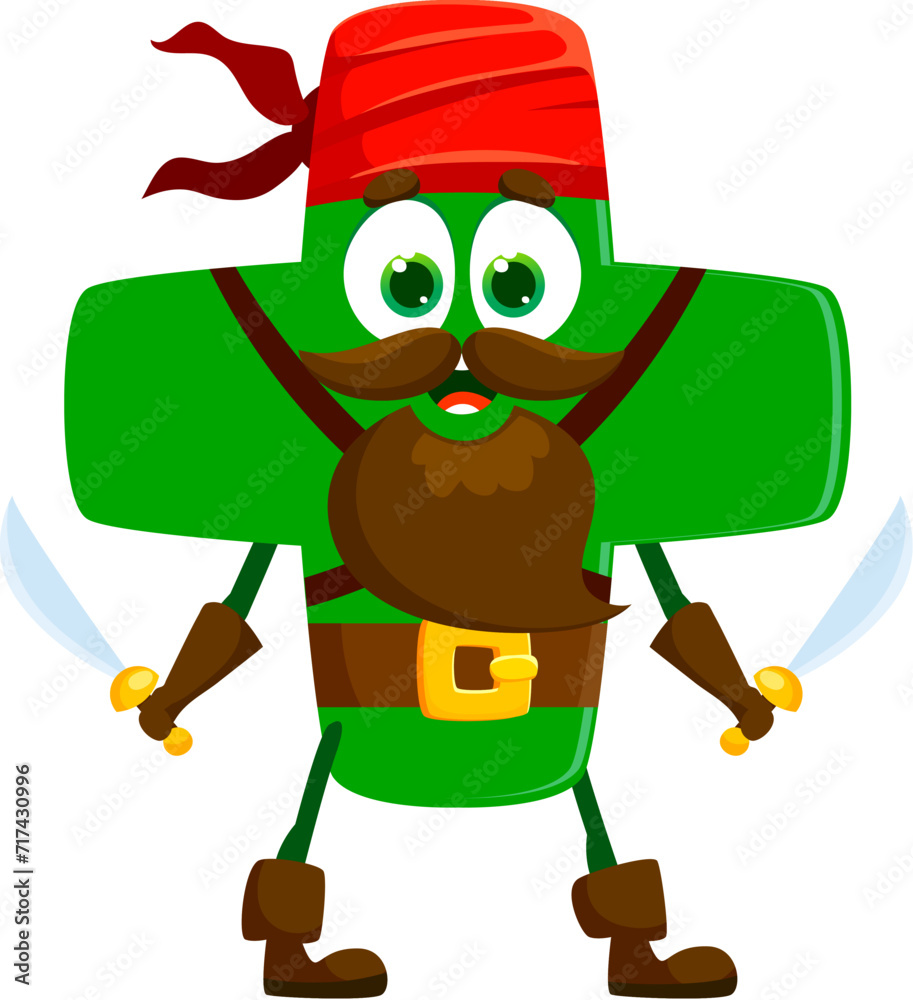 Aufkleber cartoon funny plus symbol pirate and corsair character with happy smile. isolated vector mathematics