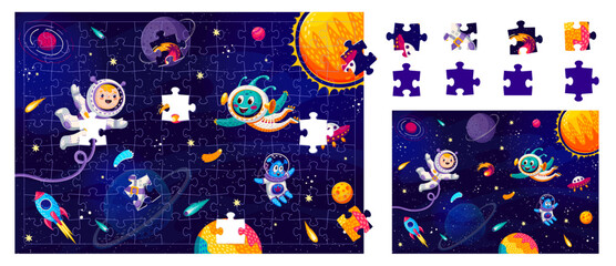 Jigsaw puzzle game pieces. Cartoon aliens and astronaut at starry outer space. Form match quiz, puzzle game or riddle with kid spaceman, alien cute characters, rocket and comet flying in outerspace