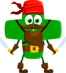 Cartoon funny plus symbol pirate and corsair character with happy smile. Isolated vector mathematics and arithmetic sign wearing filibuster clothes holding sabers, ready for mathematical contexts