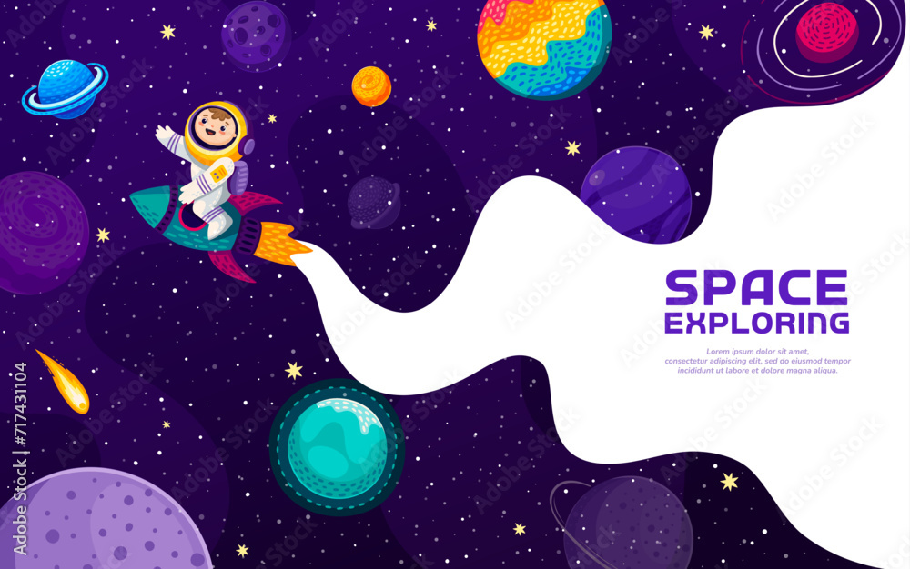 Poster cartoon kid astronaut on rocket in galaxy space with planets in starry sky, vector background. kid s