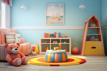 a children’s room with a blue wall, a pink striped sofa, a teddy bear, a colorful rug, a bookshelf, and a painting of sailboats. The room is well-lit and has a cheerful atmosphere.
