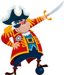 Cartoon pirate captain character with sword and cannonball. Vector funny corsair or buccaneer captain personage in pirate costume, tricorn hat and coat pointing with sword, piracy character