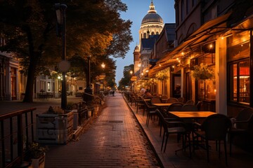 Fototapeta na wymiar Historic downtown district filled with charming eateries and pubs at dusk, Generative AI