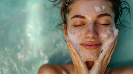 Smiling young woman washing foam face by natural foamy gel. Satisfied girl with bare shoulders applying cleansing beauty product on cheeks and closes her eyes. Personal hygiene, skincare daily routine - obrazy, fototapety, plakaty