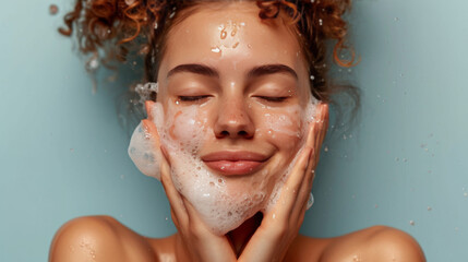 Smiling young woman washing foam face by natural foamy gel. Satisfied girl with bare shoulders applying cleansing beauty product on cheeks and closes her eyes. Personal hygiene, skincare daily routine