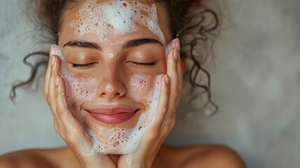 Smiling young woman washing foam face by natural foamy gel. Satisfied girl with bare shoulders applying cleansing beauty product on cheeks and closes her eyes. Personal hygiene, skincare daily routine