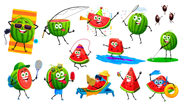 Cartoon watermelon characters on summer vacation, vector fruit food personages. Funny cute slices and seeds of watermelon fruit having fun at sea beach with sunglasses, surfing board and cocktails