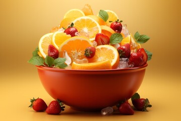Fruit Salad Bowl, on isolated yellow background, Generative AI