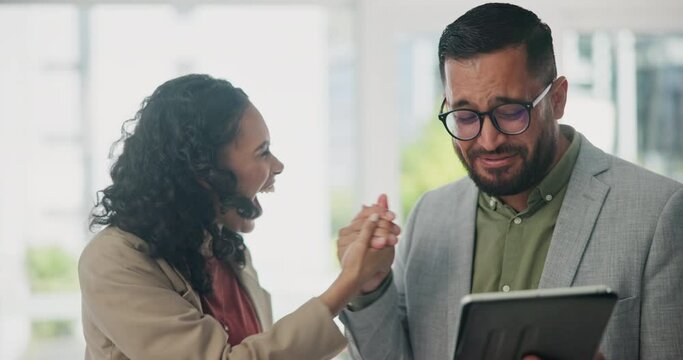 Tablet, teamwork and business people high five for project success and collaboration. Office, winner and celebration of web consultation staff at a company with tech and communication together