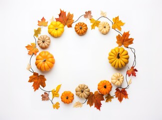 Fototapeta premium A wreath of Maple leaves and yellow pumpkin decorations forming a circle in the photo over a white background. generative ai.