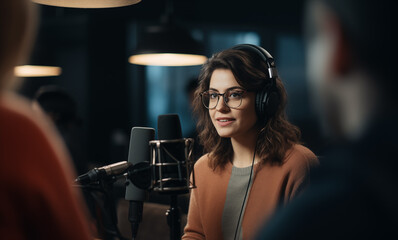 Radio host girl with two guest artists in radio show