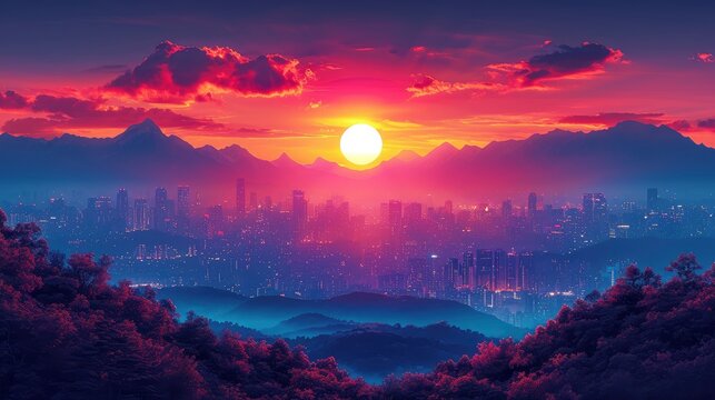 City Against Mountain Range Idyllic Sunset, Background Banner HD
