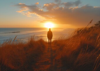 walking path near ocean sunset man finds happiness golden morning light grief despair visualize new immensity taciturn todays