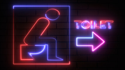 Toilet arrow pointer, silhouette of a man and a woman. Arrow direction toilet signs in neon lights animation. Glowing WC toilet neon sign with man icon on bricks wall background. In and out sign