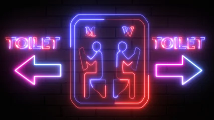 Fotobehang Restroom male and female arrow pointer, silhouette of a man and a woman. Arrow direction toilet signs in neon lights animation. Sitting and read paper in toilet neon sign on bricks wall background © Shapla