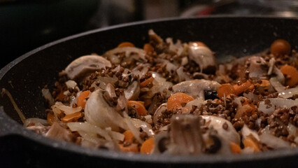 frying pan with meat