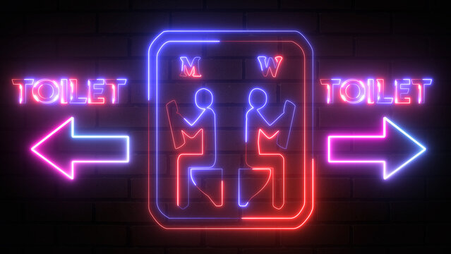 Restroom male and female arrow pointer, silhouette of a man and a woman. Arrow direction toilet signs in neon lights animation. Sitting and read paper in toilet neon sign on bricks wall background