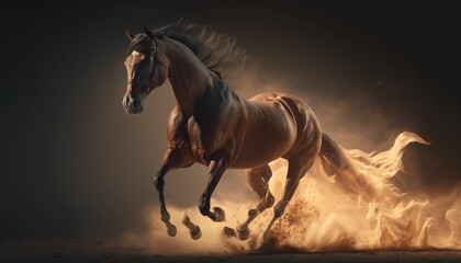 Ravishing brown horse running in dust. Generative AI