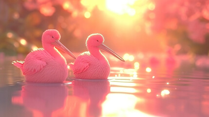 two pink flamingos - obrazy, fototapety, plakaty
