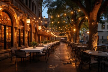 Fototapeta na wymiar Plaza surrounded by historic buildings housing quaint restaurants under the evening sky, Generative AI